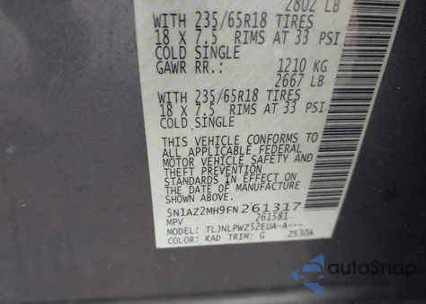 2015 Nissan Murano S/Sl/Sv/Platinum from USA, damaged, VIN 5N1AZ2MH9FN261317